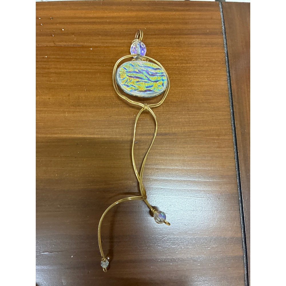 Kyle Ino Fused Glass Dichroic Wire Wrapped Pendant Iridescent Gold Tone Artisan